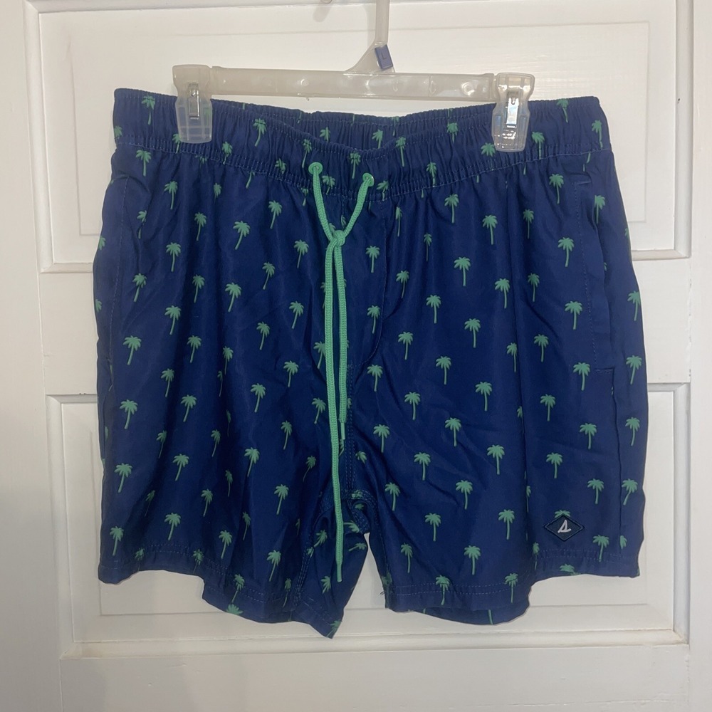 Sperry Top-Sider Men's Blue w/Green Palm Tree Print Swim Trunks Sz L -MESH FREE!